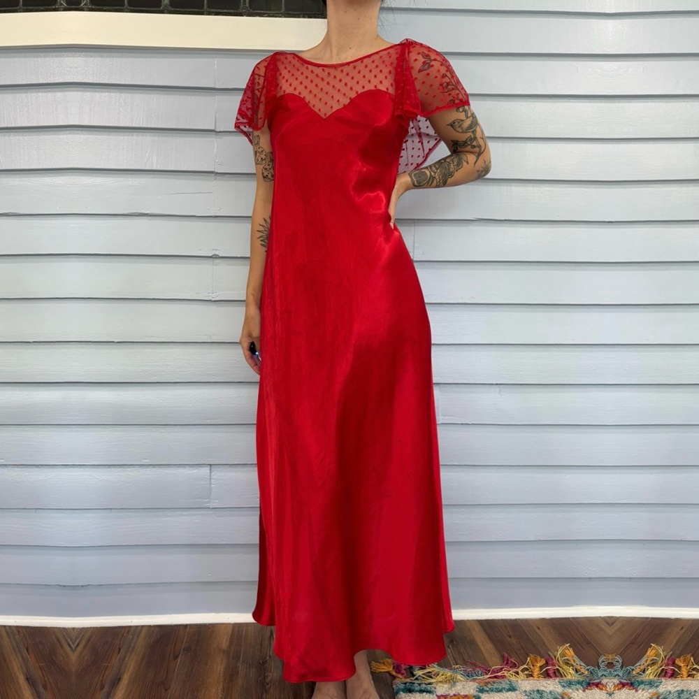 Vintage 80s Red Bias Cut Sheer Swiss Dot Flutter Sleeve Back Bow Nightgown - Picture 1 of 7